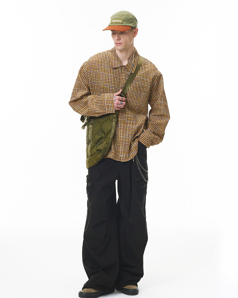 Yellow plaid shirt on model front view, oversized street fit