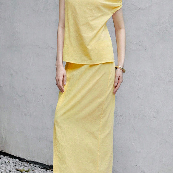 Yellow summer two piece outfit skirt set with sleeveless top