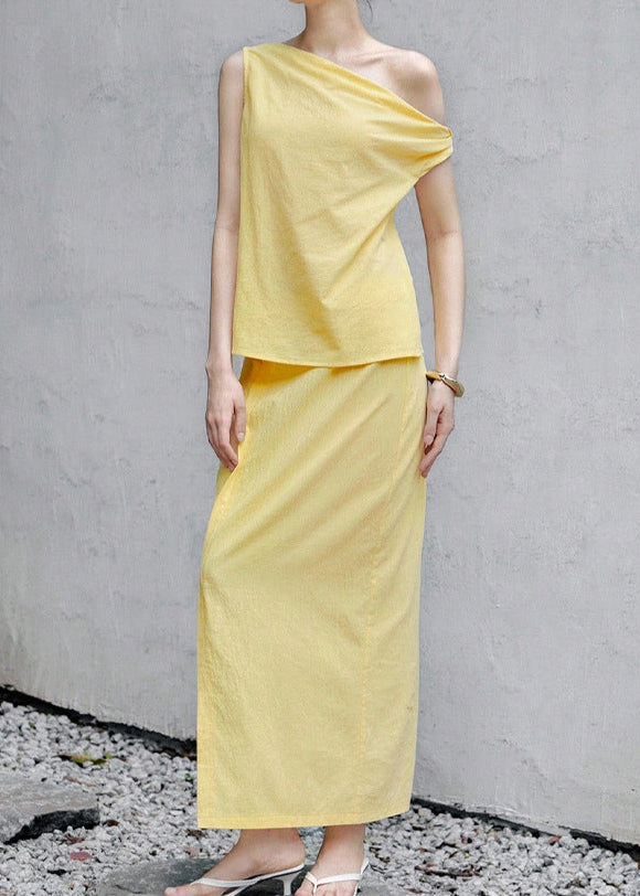 Yellow summer two piece outfit skirt set with sleeveless top