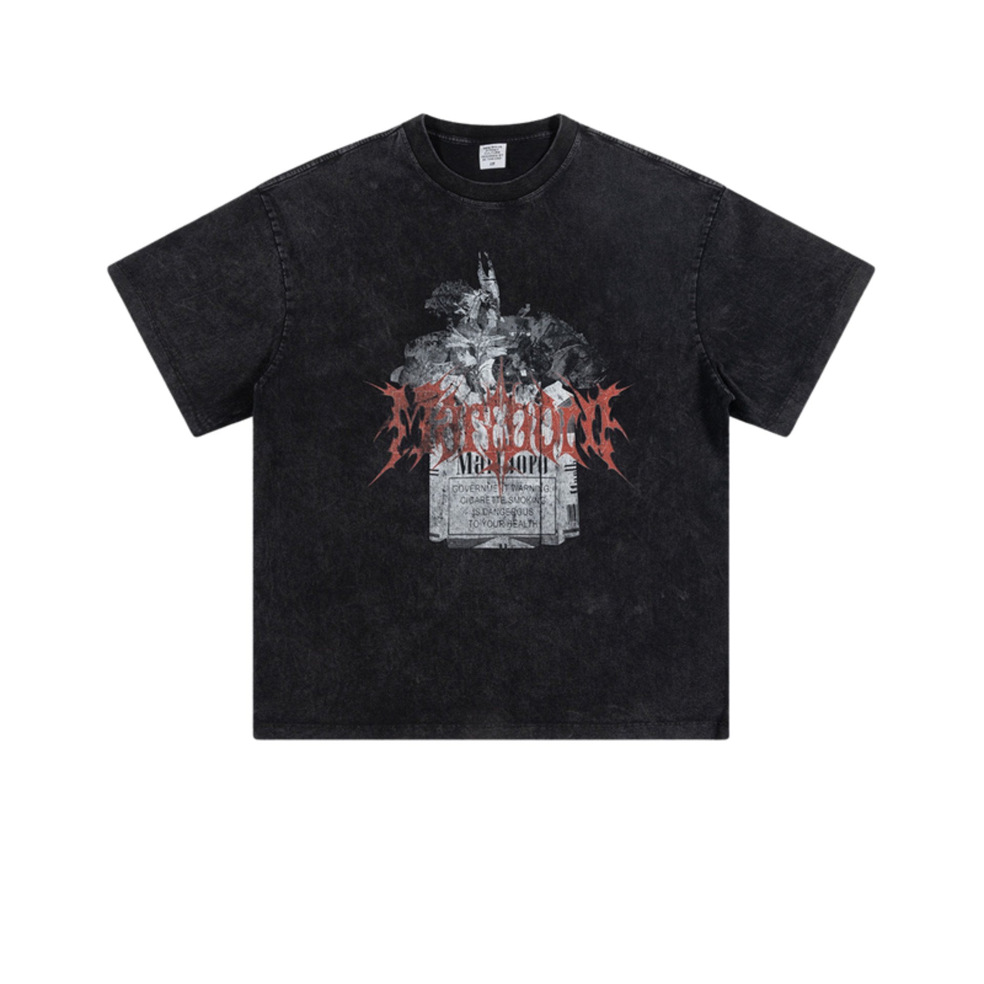 Flat lay of black tee with distressed red lettering and cigarette warning graphic.