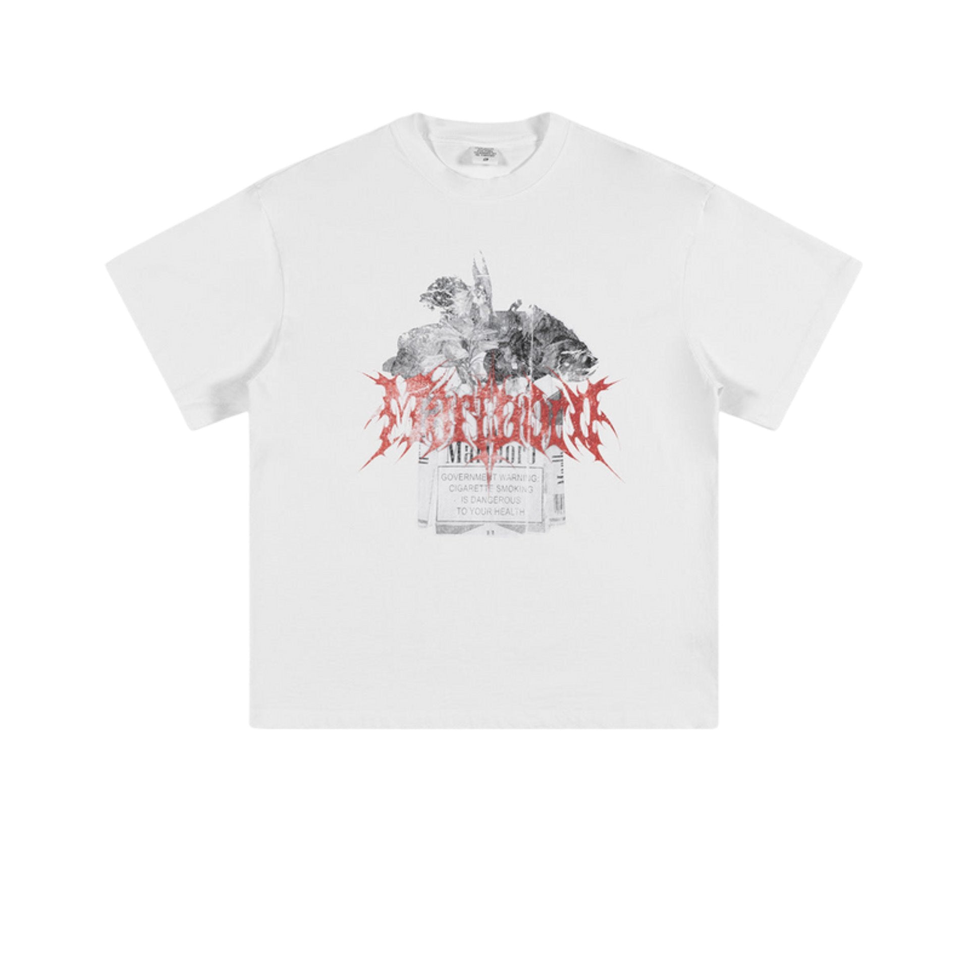 Flat lay of white tee with gothic red type and printed warning label.