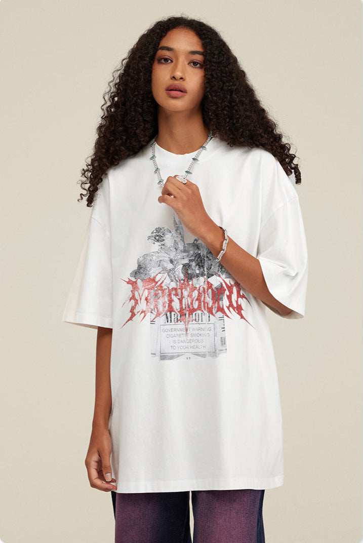 Close-up of female model in white Yesskary tee with necklace.