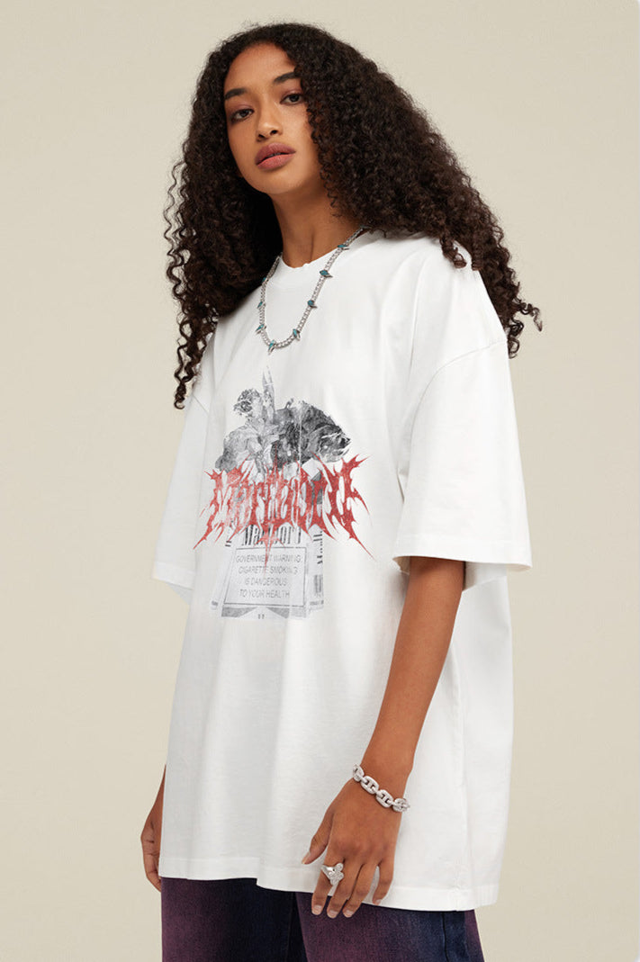 Female model in white Yesskary tee poses looking left.