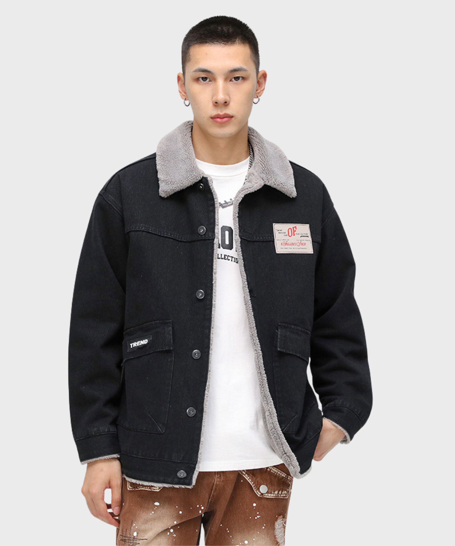 Man wearing black fleece-lined denim jacket with shearling collar and brown splatter jeans, ZINNTRA men’s FW25 collection cover