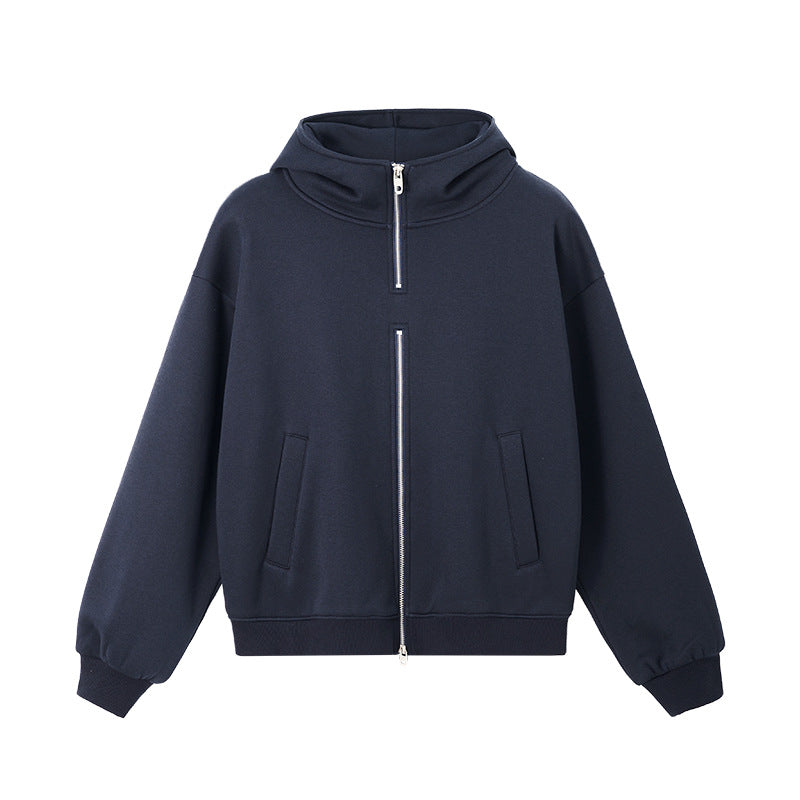 Oversized double-zip hoodie front view in navy blue streetwear