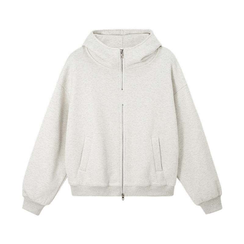 Oversized double-zip hoodie front view in quill gray fleece