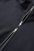 Navy hoodie close-up showing parallel double zipper teeth