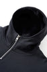 Navy hoodie close-up of funnel hood opening and neckline