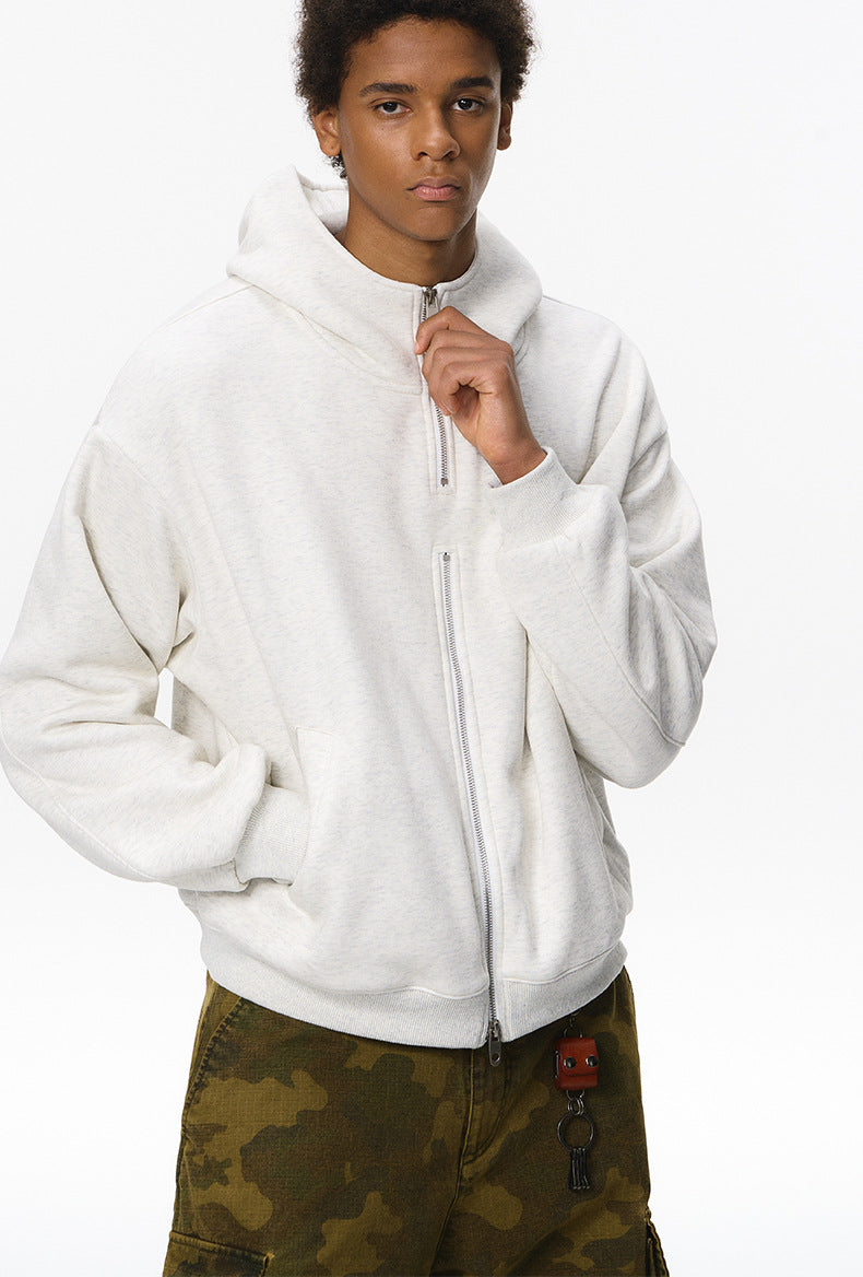 Quill gray zip hoodie with double zipper shown partially closed