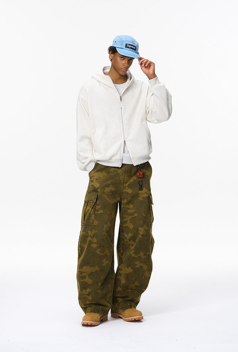 Quill gray zip hoodie on model front full body, relaxed fit